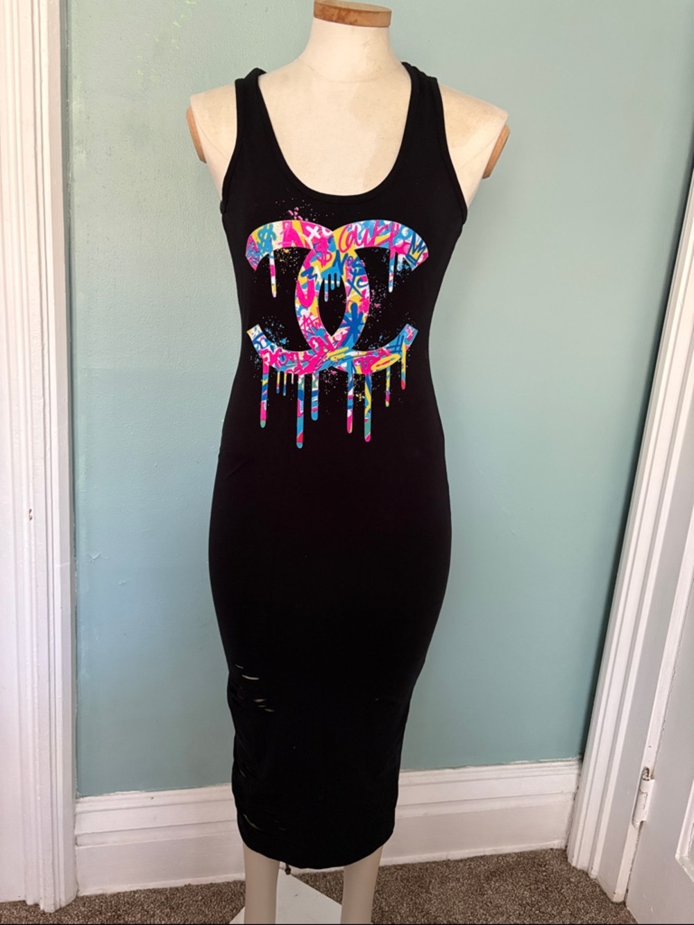 Black Tank Midi Dress with Colorful Drip Logo